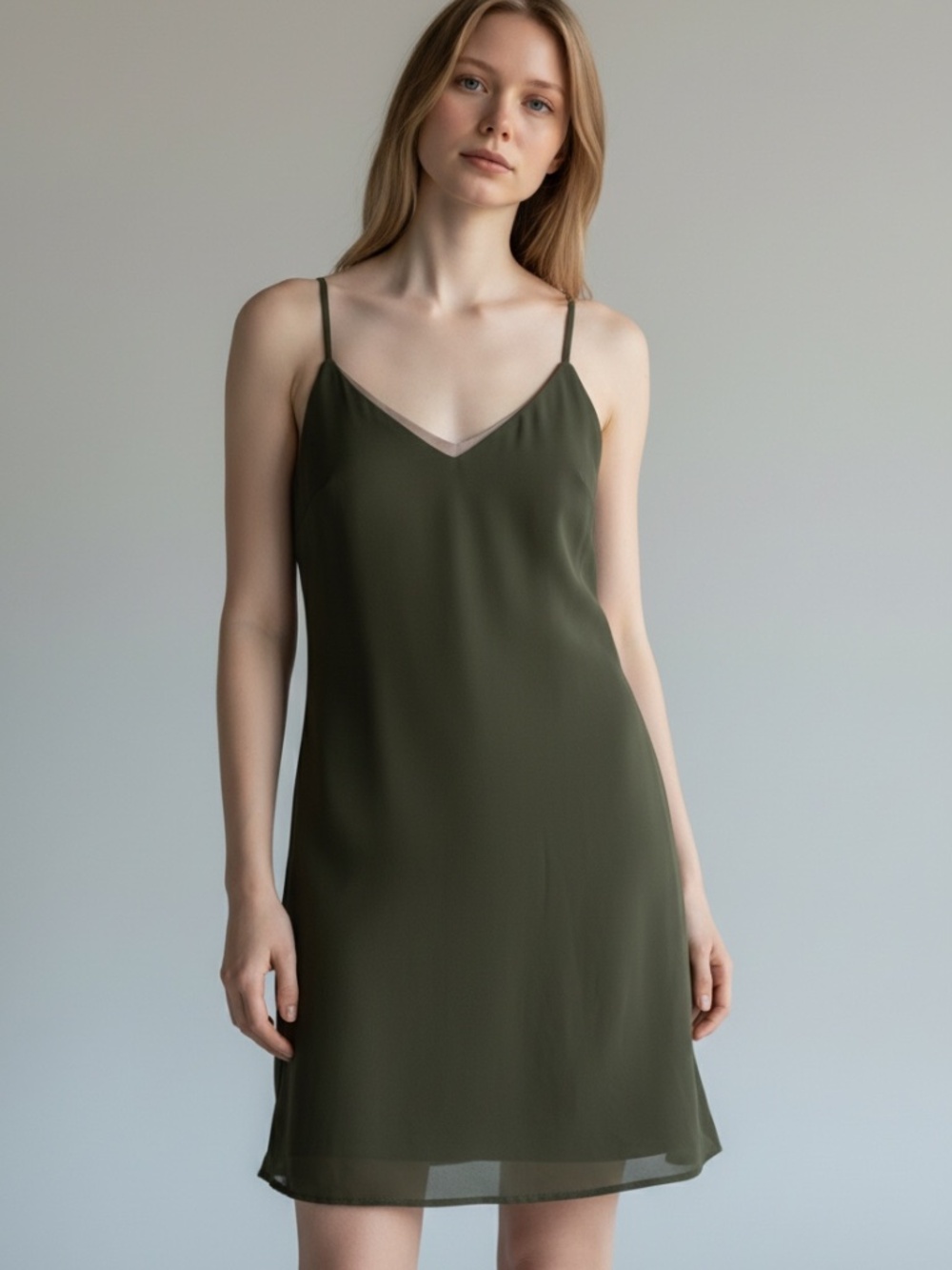 Tempted Taupe Satin Slip Dress Olive Green V-Neck Mini Medium